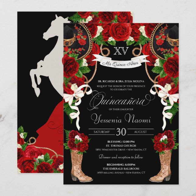Invitation Roses rouges et Mariachi noire Vaquera Quinceanera (Devant / Derrière)