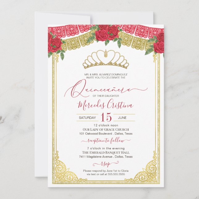 Invitation Roses rouges et or ornemental Elegant Quinceanera (Devant)