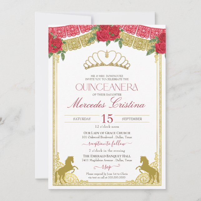 Invitation Roses rouges et or Western Charro Horses Quinceañe (Devant)