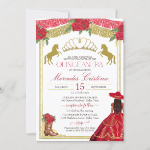 Invitation Roses rouges et or Western Charro robe Quinceañera