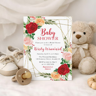 Invitation Roses rouges et orange & cadre doré Baby Shower