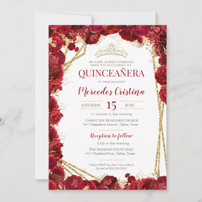 Invitation Roses rouges et Quinceanera d'or avec Tiara (Devant)