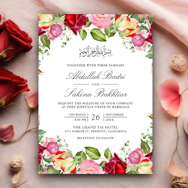 Invitation Roses rouges et roses Floral Mariage musulman (Créateur téléchargé)