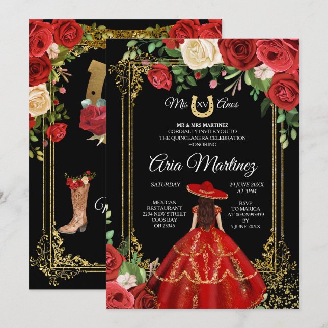 Invitation Roses rouges et rouges - Princesse Quinceanera (Devant / Derrière)