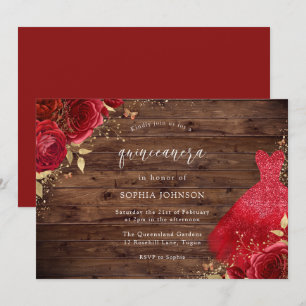 Invitation Roses Rouges Étincelle Robe Rustique Quinceanera P
