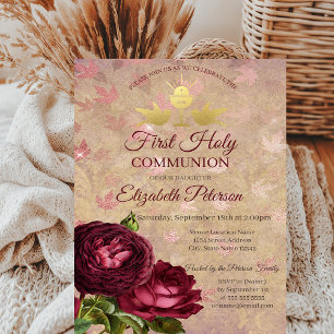 Invitation Roses Rouges Feuilles Tombantes Première Communion