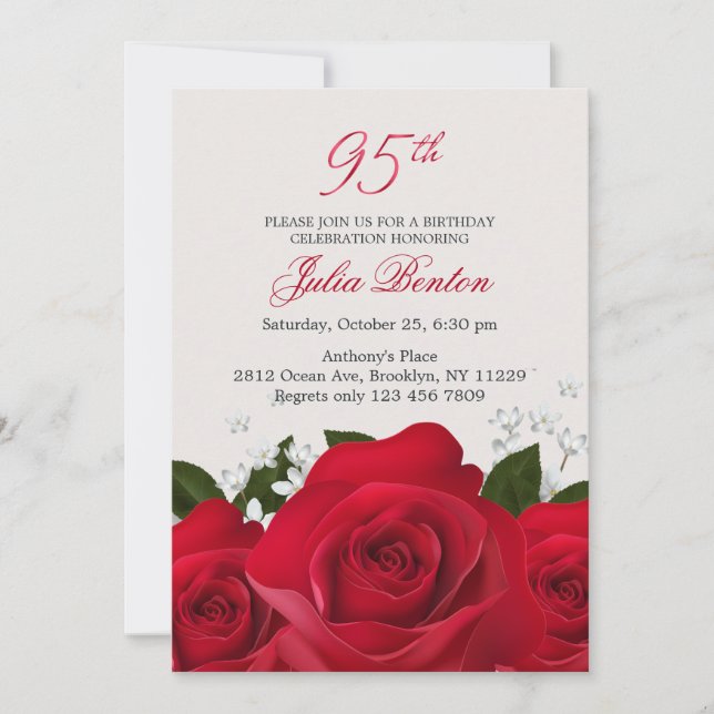 Invitation Roses rouges, fleurs blanches 95e anniversaire (Devant)