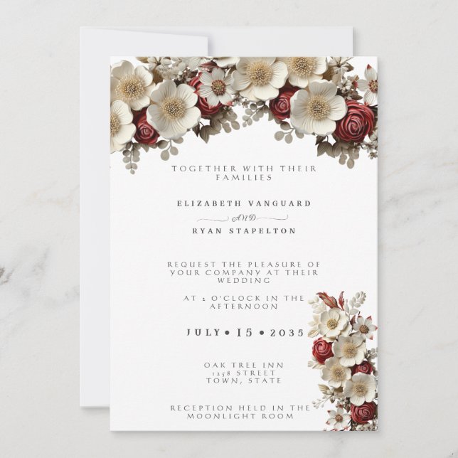 Invitation Roses Rouges Fleurs de Dogwood Blanc, Mariage Élég (Devant)