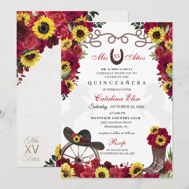 Invitation Roses rouges Fleurs de soleil Cowgirl Quinceanera (Devant / Derrière)