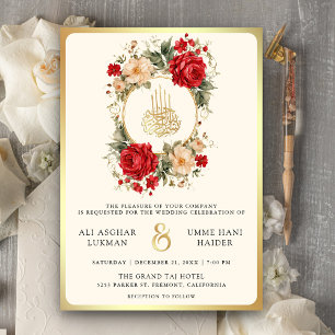 Invitation Roses Rouges Fleurs d'Ivoire Crème Or Mariage Musu
