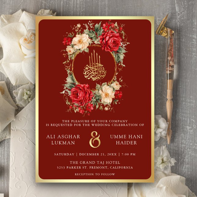 Invitation Roses rouges Fleurs d'ivoire Maroon Mariage musulm (Créateur téléchargé)