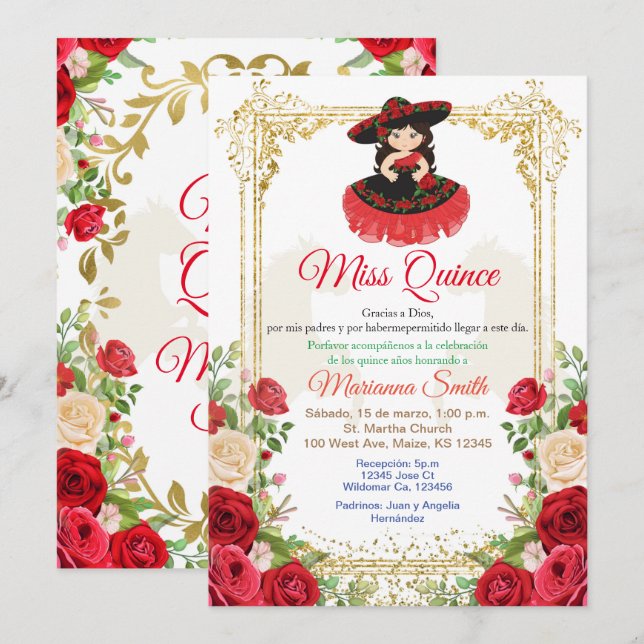 Invitation Roses Rouges Fleurs Quinceanera Invitation,  (Devant / Derrière)