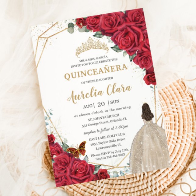 Invitation Roses Rouges Floral Champagne robe fille Quinceañe (Créateur téléchargé)