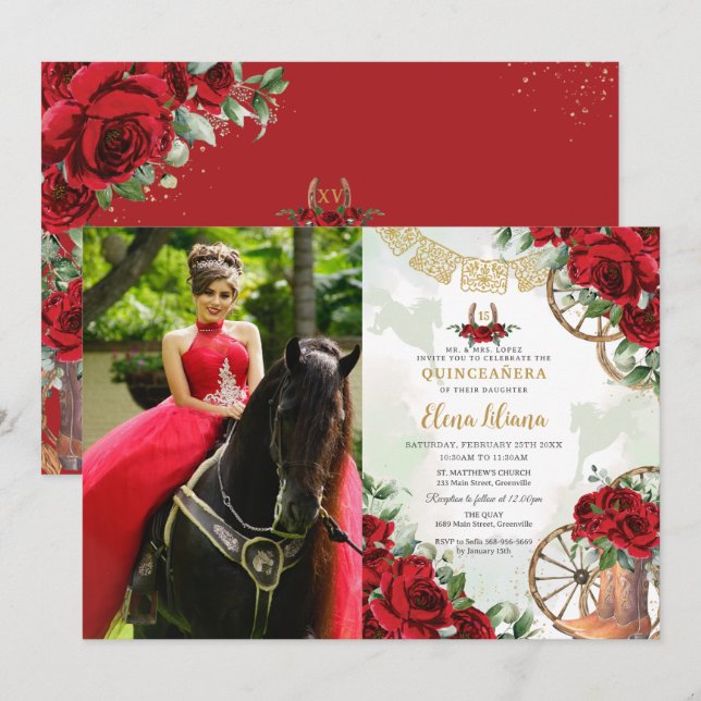 Invitation Roses rouges Floral Charro Bottes Quinceañera Phot (Devant / Derrière)