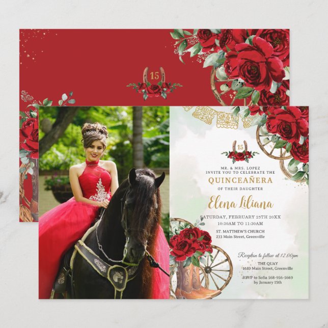 Invitation Roses rouges Floral Charro Bottes Quinceañera Phot (Devant / Derrière)