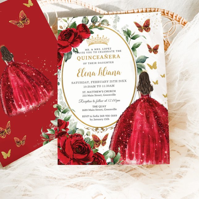 Invitation Roses rouges Floral Princesse robe or Quinceañera (Créateur téléchargé)