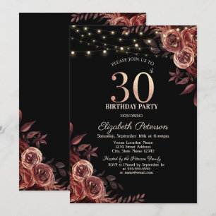 Invitation Roses rouges foncées, Lumières à cordes Noir 30e a