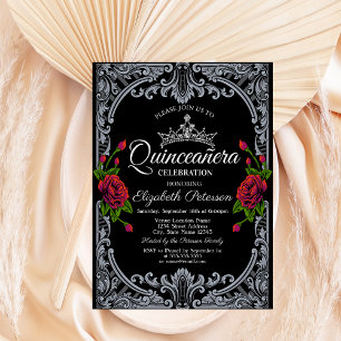 Invitation Roses rouges gothiques bandes noires Quinceañera