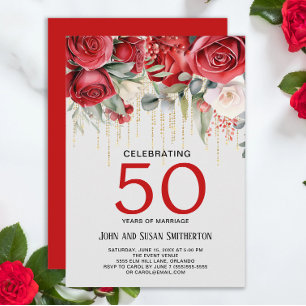 Invitation Roses Rouges Guirlande Lumineuse 50e Anniversaire