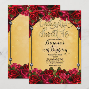 Invitation Roses rouges jaunes et dorées Fête douce 16 16ème