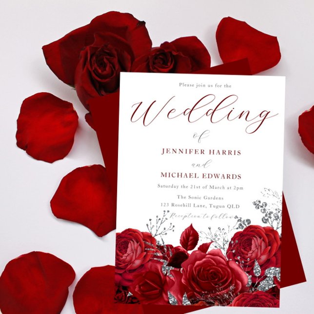 Invitation Roses rouges magnifiques et Mariage d'argent (Créateur téléchargé)