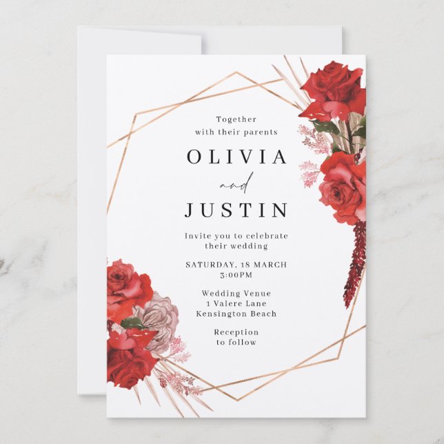 Invitation Roses rouges Mariage géométrique en argent métalli (Devant)