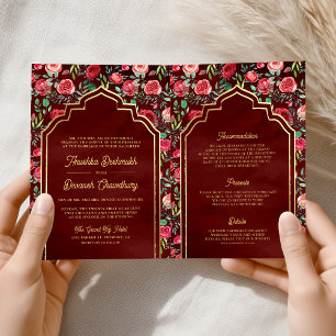 Invitation Roses Rouges Marron Floral Or Mariage Indien