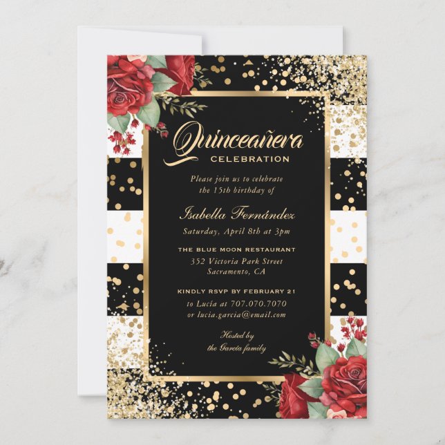 Invitation Roses rouges Noir Confetti Floral Quinceañera (Devant)