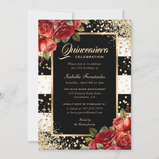 Invitation Roses Rouges Noir Or Élégant Floral Quinceañera (Devant)