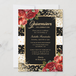 Invitation Roses Rouges Noir Or Élégant Floral Quinceañera