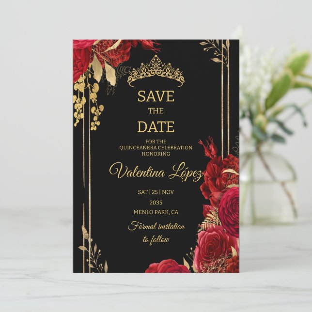 Invitation Roses Rouges Noires Quinceañera Sauvegarder la Dat (Debout devant)