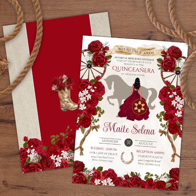 Invitation Roses rouges occidentales rustiques Floral Charro  (Créateur téléchargé)