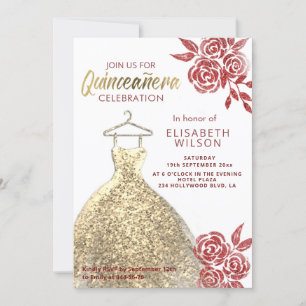 Invitation Roses rouges paillettes d'or robe Quinceañera