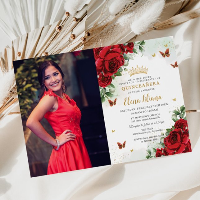 Invitation Roses rouges Papillons floraux Quinceañera Sweet 1 (Créateur téléchargé)