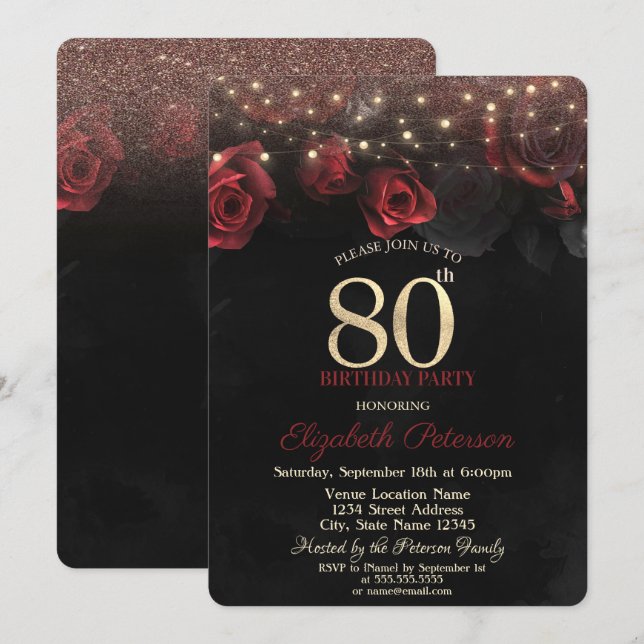 Invitation Roses rouges, Parties scintillant des lumières à c (Devant / Derrière)