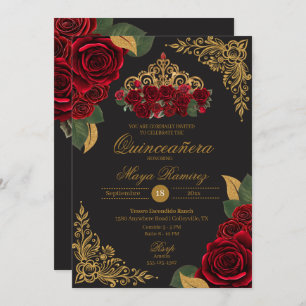 Invitation Roses rouges Parties scintillant d'or noir Tiara Q