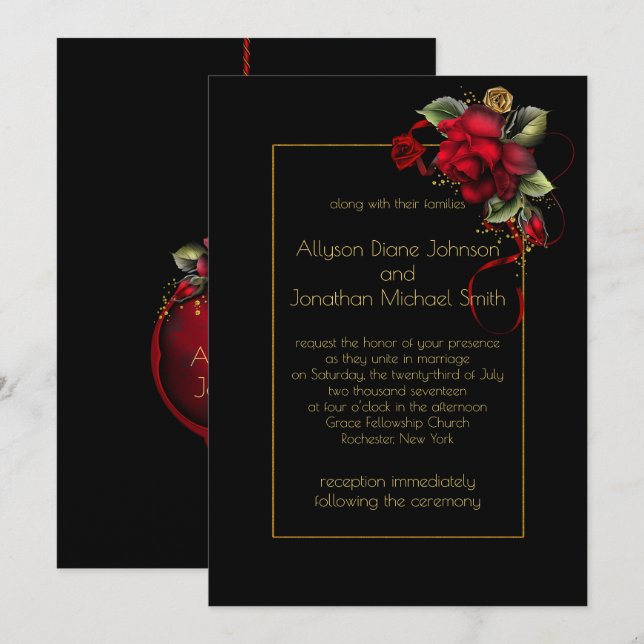Invitation Roses rouges profondes verdure Mariage d'étincelle (Devant / Derrière)