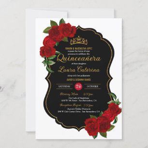 Invitation Roses rouges Quinceanera noir et or élégant