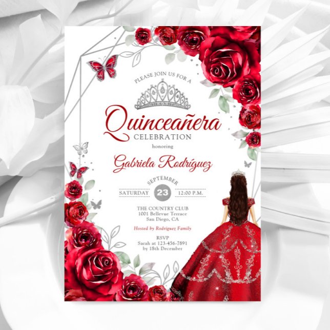 Invitation Roses rouges Quinceanera robe Argent (Créateur téléchargé)
