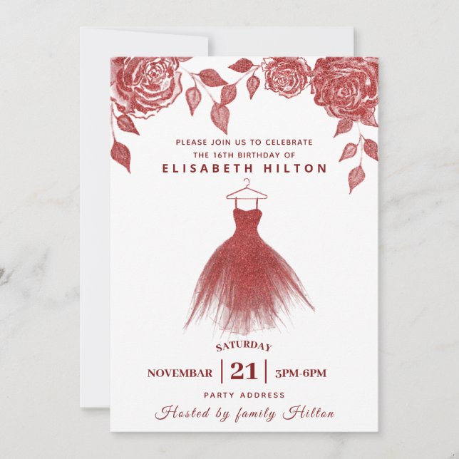 Invitation Roses rouges robe Parties scintillant moderne swee (Devant)