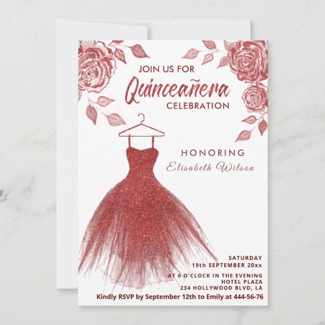 Invitation Roses rouges robe parties scintillant rouge Quince (Devant)