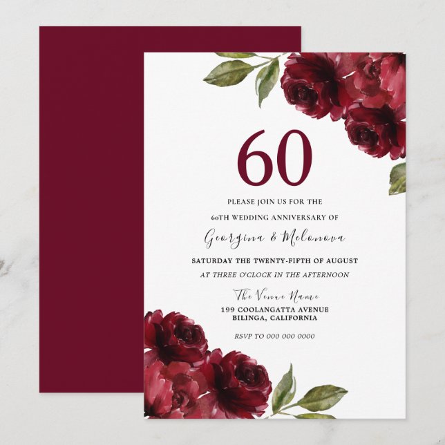 Invitation Roses rouges romantiques 60e anniversaire de maria (Devant / Derrière)