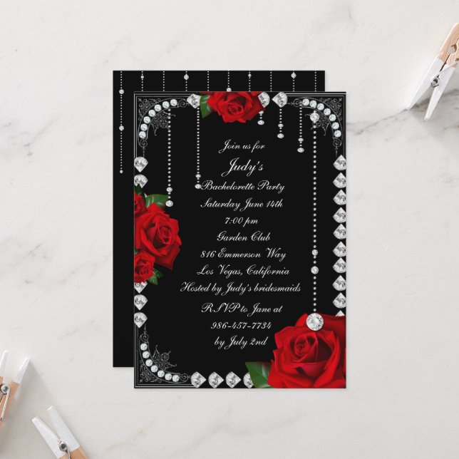 Invitation Roses Rouges Romantiques Et Diamants Bachelorette (Devant/Arrière en situation)