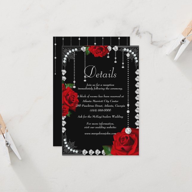 Invitation Roses Rouges Romantiques Et Diamants Détails Maria (Devant/Arrière en situation)