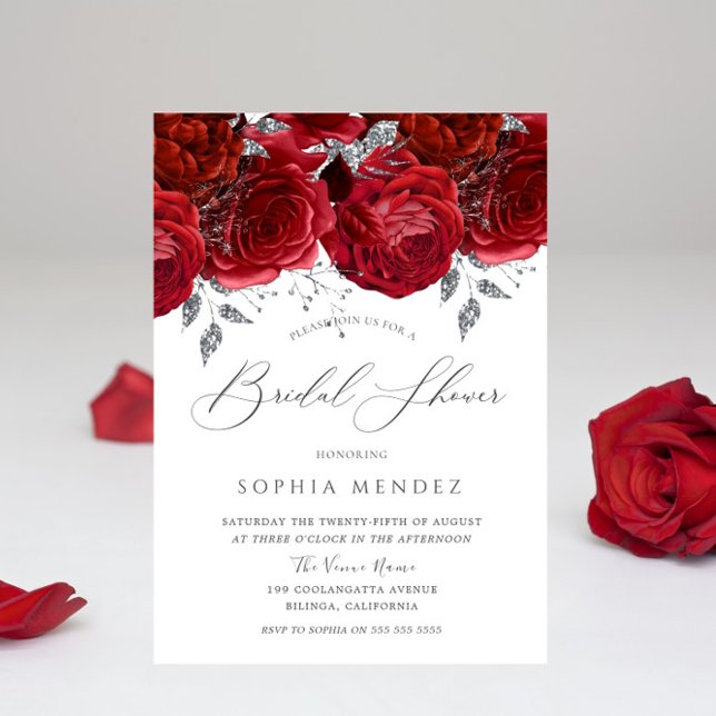 Invitation Roses Rouges Romantiques Fête des mariées feuille  (Créateur téléchargé)