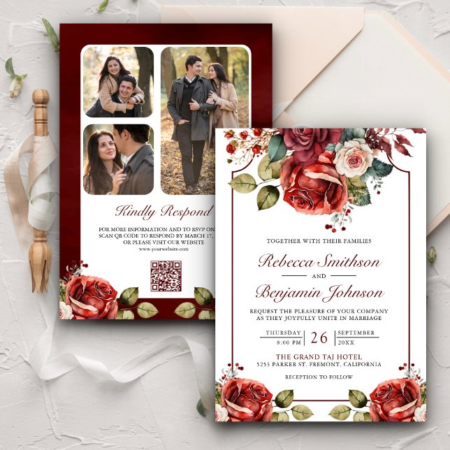 Invitation Roses rouges romantiques Floral Photo QR Code Mari (Créateur téléchargé)
