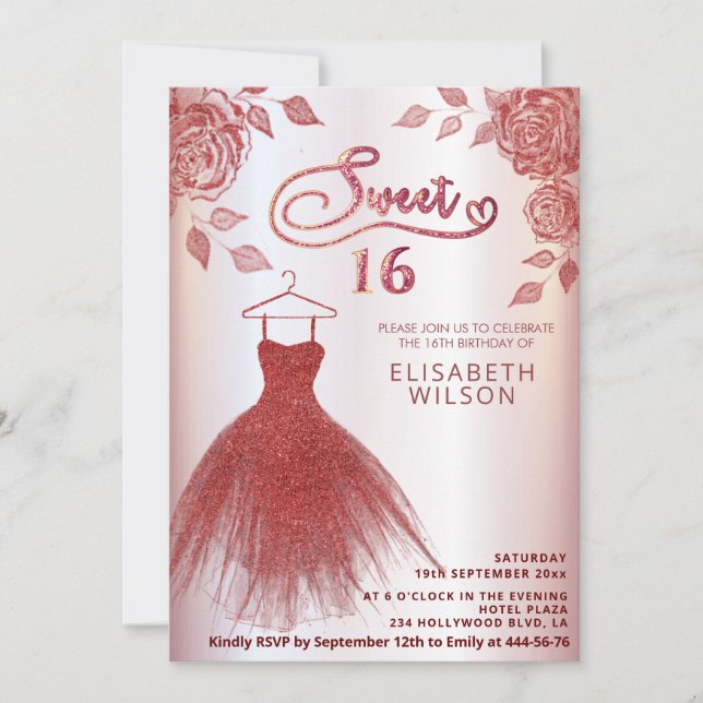 Invitation Roses rouges romantiques robe de parties scintilla (Devant)