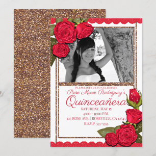 Invitation Roses Rouges Rose Gold Glitter Quinceañera Anniver