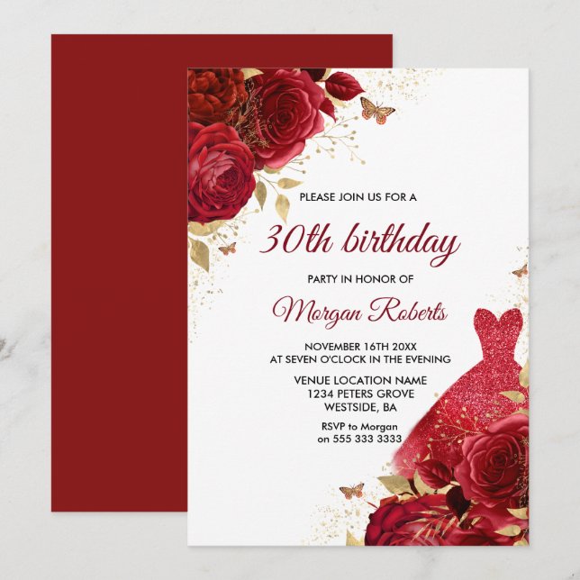 Invitation Roses rouges Roses étincelantes 30e fête d'anniver (Devant / Derrière)