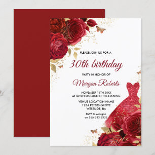 Invitation Roses rouges Roses étincelantes 30e fête d'anniver